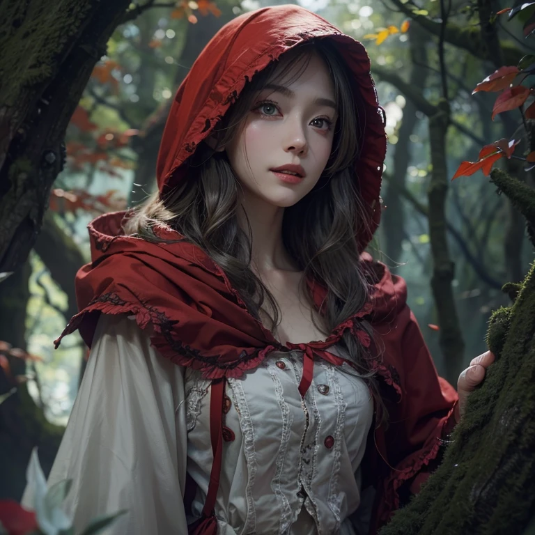 Standing in the forest、Hair flow、 ((highest quality、masterpiece、8k、Best image quality、Ultra-high resolution、Award-winning works)、(Accurate anatomy:1.1)、(Look at me and smile:1.1)、Shining fair skin with Ultra-high resolution、The most detailed face、Ultra-high resolution detailed face、Ultra-high resolutionの髪の毛、(Ultra-high resolution eye:1.1)、Beautiful face drawn in every detail、little red riding hood　Costumes , Chest to chest,  Strange atmosphere, A real werewolf stares at her....., Dark Light, in the forest , Heavy makeup 