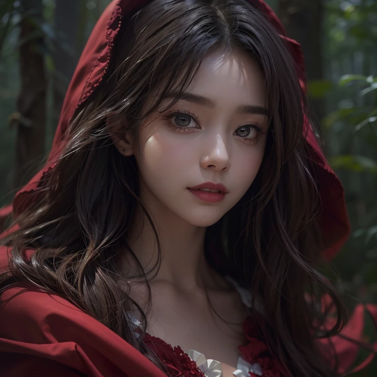 Standing in the forest、Hair flow、 ((highest quality、masterpiece、8k、Best image quality、Ultra-high resolution、Award-winning works)、(Accurate anatomy:1.1)、(Look at me and smile:1.1)、Shining fair skin with Ultra-high resolution、The most detailed face、Ultra-high resolution detailed face、Ultra-high resolutionの髪の毛、(Ultra-high resolution eye:1.1)、Beautiful face drawn in every detail、little red riding hood Costumes , Chest to chest, Strange atmosphere, A real werewolf stares at her....., Dark Light, in the forest , Heavy makeup
