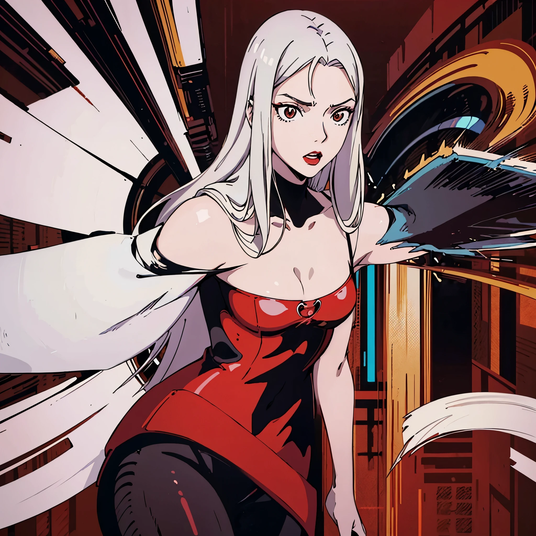 digital art drawing, illustration of (woman, long white hair mid part, brown eyes, sexy facial expression, black clothes, deep v neck body suit, flat chest, red lips, cyberpunk, plain red background), anime drawing/art, bold linework, illustration, digital art, masterpiece, flat illustration, no shadows, 8k resolution, high detail, vector art, only anime, perfect eyes, perfect hands, perfect fingers, sharpness, high clarity, medium shot, high fidelity
