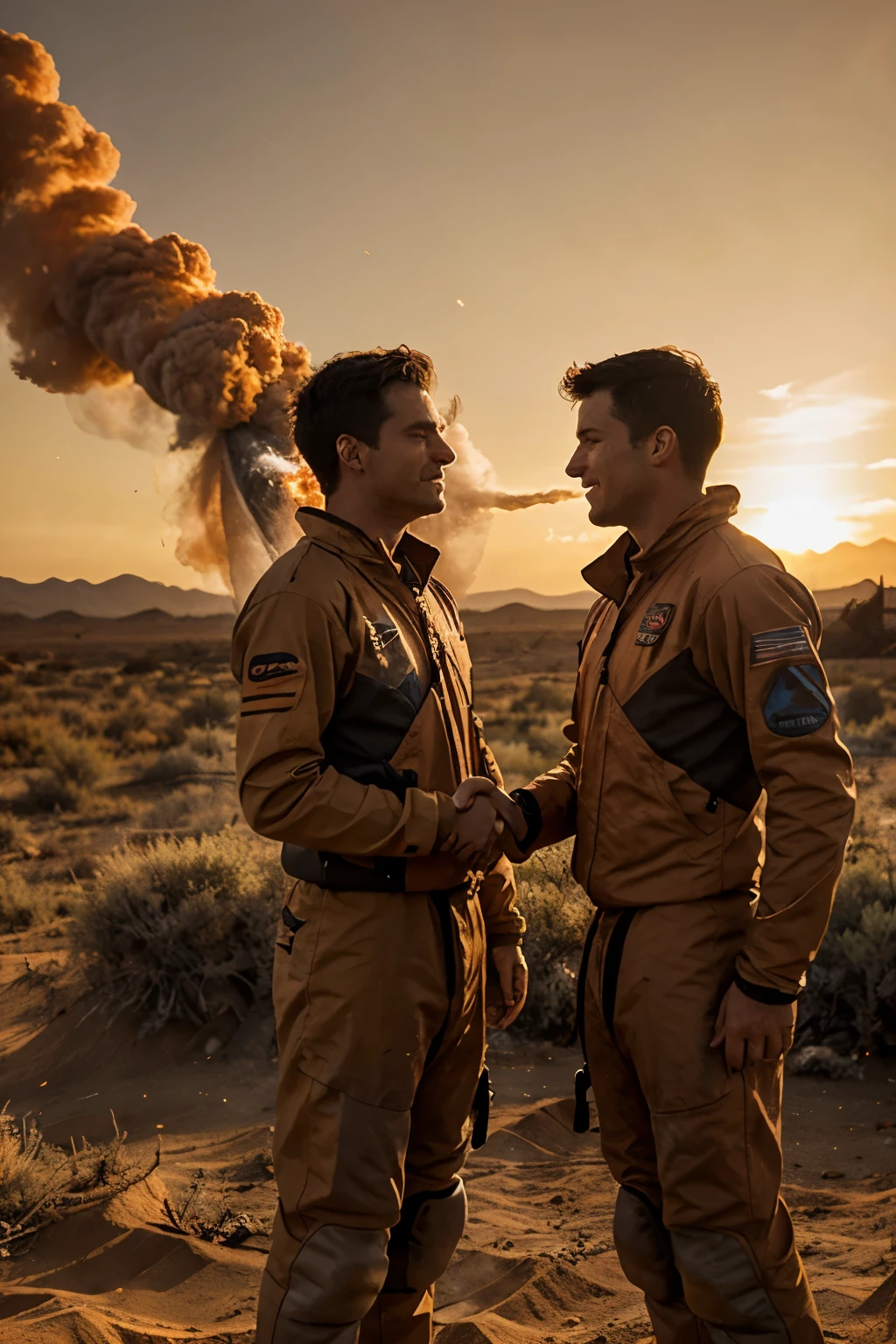 Two mens standing and shake hands to eachother in the background some dust and fire particles and orange clouds