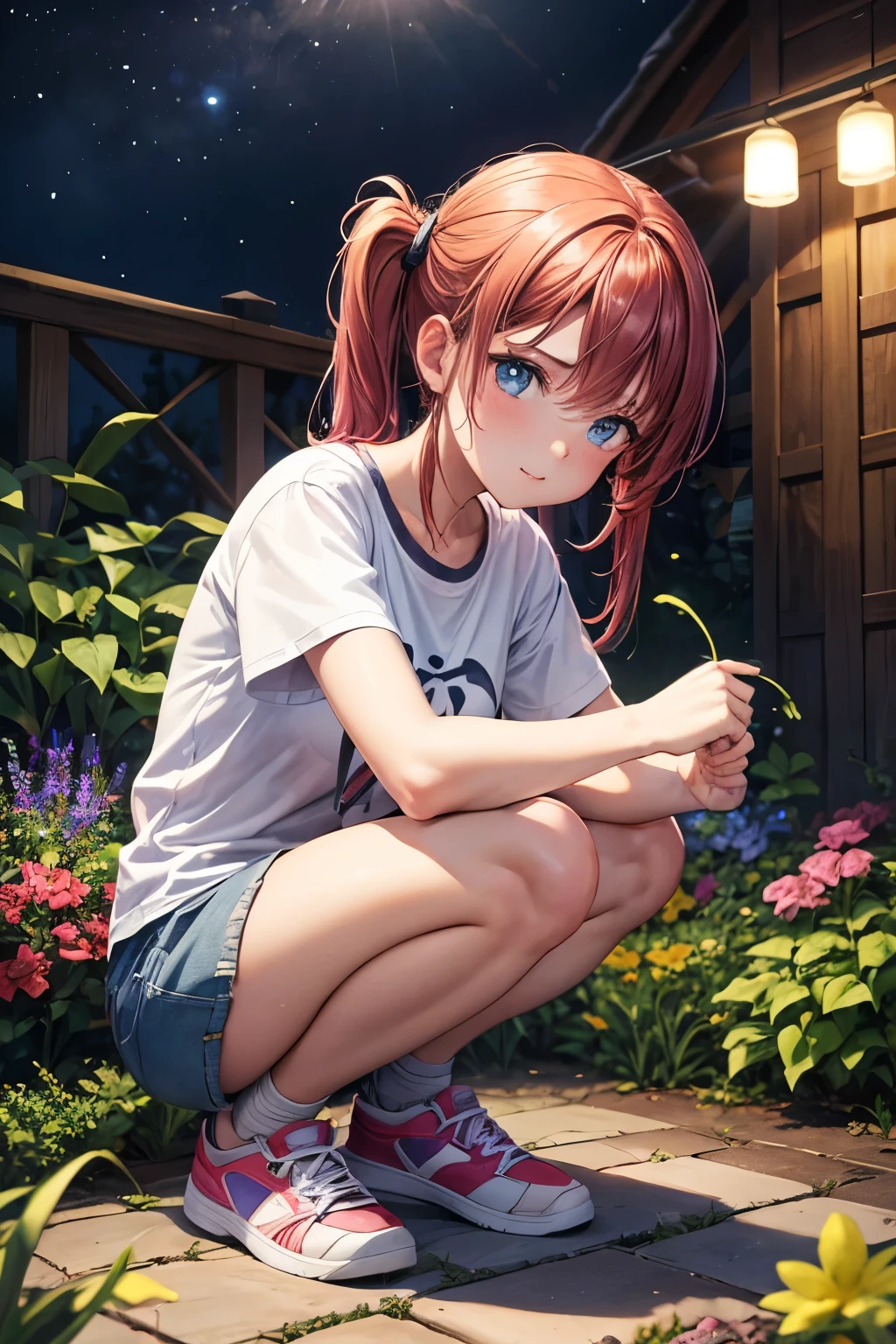 1girl, 20 yo, visible colorful Underwear, man t-shirt, Squatting, knees together, beautiful garden at night, touching a flower, looking aside