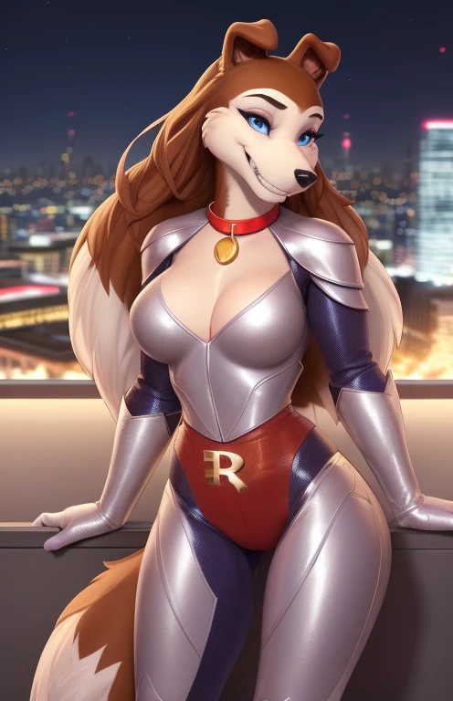 colleen, (costume:1.2), silver costume, furry female anthro, dog girl, solo, (body fur:1.2), (best quality), (detailed urban background:1.2), cinematic lighting, (detailed fluffy fur:1.1), looking at viewer, R, collar, grin, at the nightclub