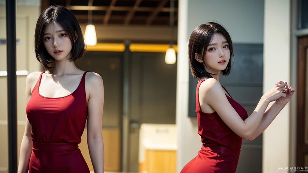 1 girl, cowboy shot of beautiful There is, Looking at the audience, Red dress, Black Hair, blush, short hair, Sports Day Night, Volumetric lighting, highest quality, masterpiece, Intricate details, Tone Mapping, Sharp focus, Very detailed, ArtStation Trends, There is, Realistic ,1 girl,
