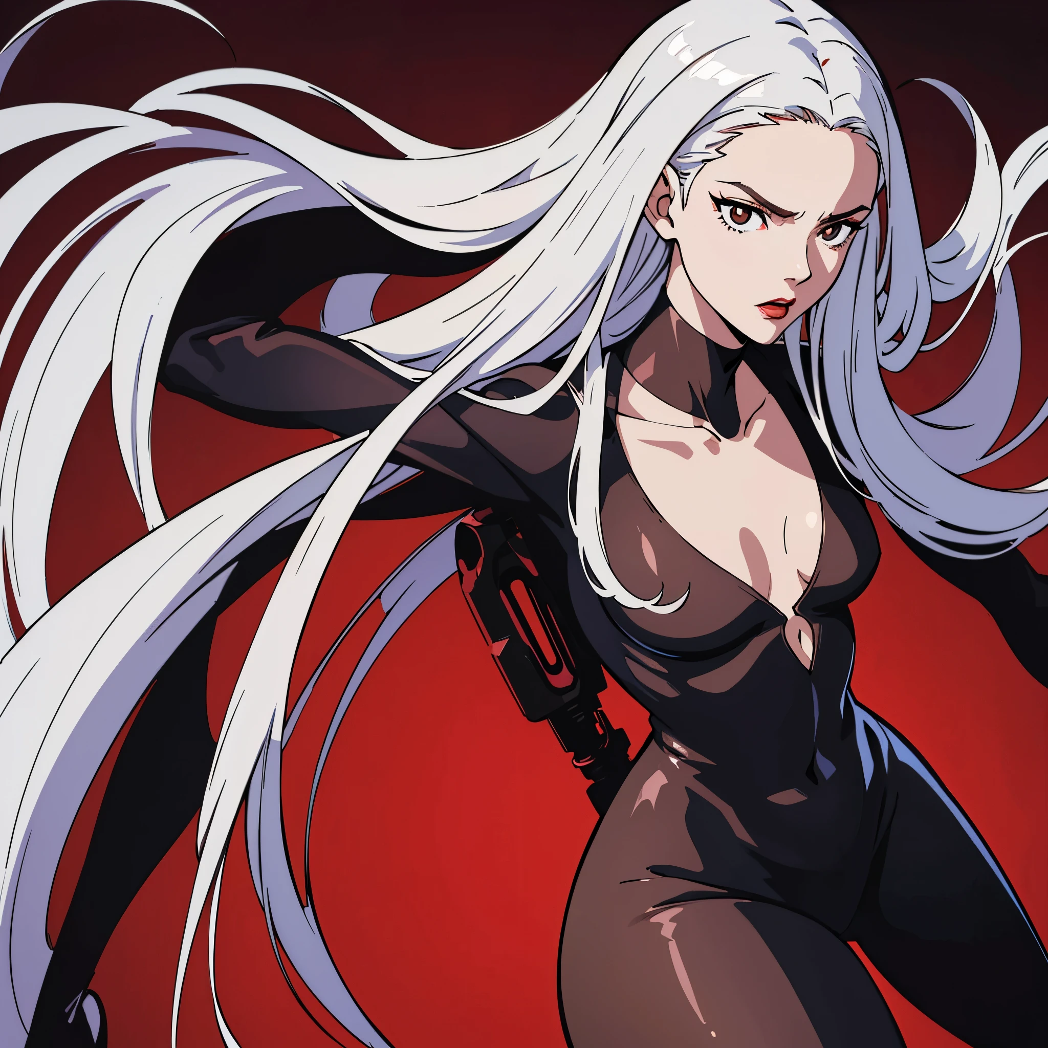 digital art drawing, illustration of (woman, long white hair mid part, brown eyes, sexy facial expression, black clothes, deep v neck body suit, flat chest, red lips, cyberpunk, plain red background), anime drawing/art, bold linework, illustration, digital art, masterpiece, flat illustration, no shadows, 8k resolution, high detail, vector art, only anime, perfect eyes, perfect hands, perfect fingers, sharpness, high clarity, medium shot, high fidelity
