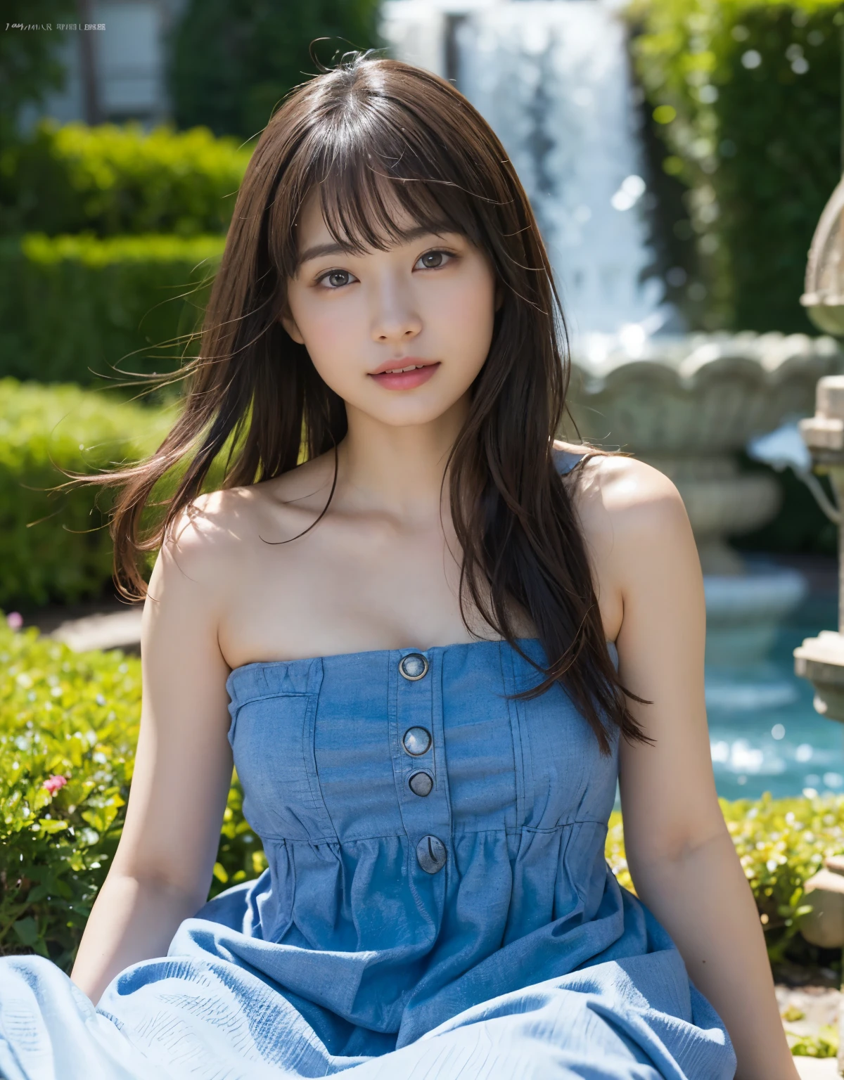 smile,((NSFW)),(Best Quality:1.2), Female dog,(Female organ:1.1),8K, Raw photo, Beautiful sexual woman, ((Her naked lower body is visible under her clothes.、股間のFemale organが見えている:1.3)),Detailed face and eyes,(((Alice in Wonderland:1.3))),whole body,amazing,((A fairy-tale, unrealistic world:1.2)),In the garden with a fountain
