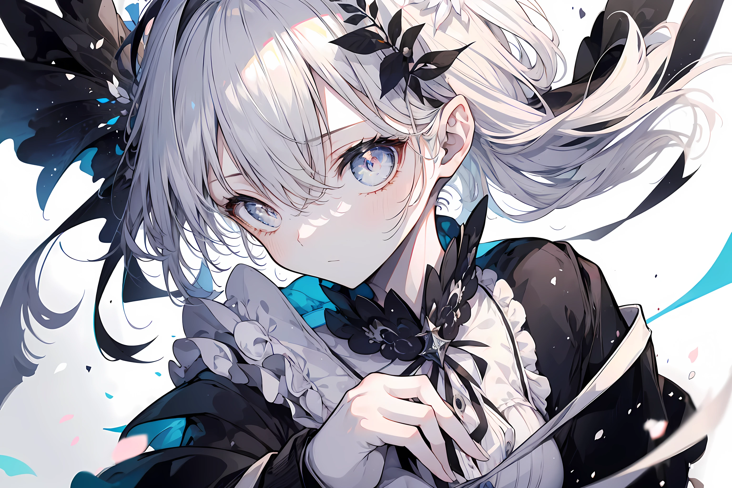 （Masterpiece，best qualtiy，A high resolution：1.5），1girl，high school senior，white skinned，Gray-black pupils，twintails，lacepantyhose，shift dresses，Delicate face，School Background，The light is bright，Sora Kasugano，Animated illustration style，pixiv popular