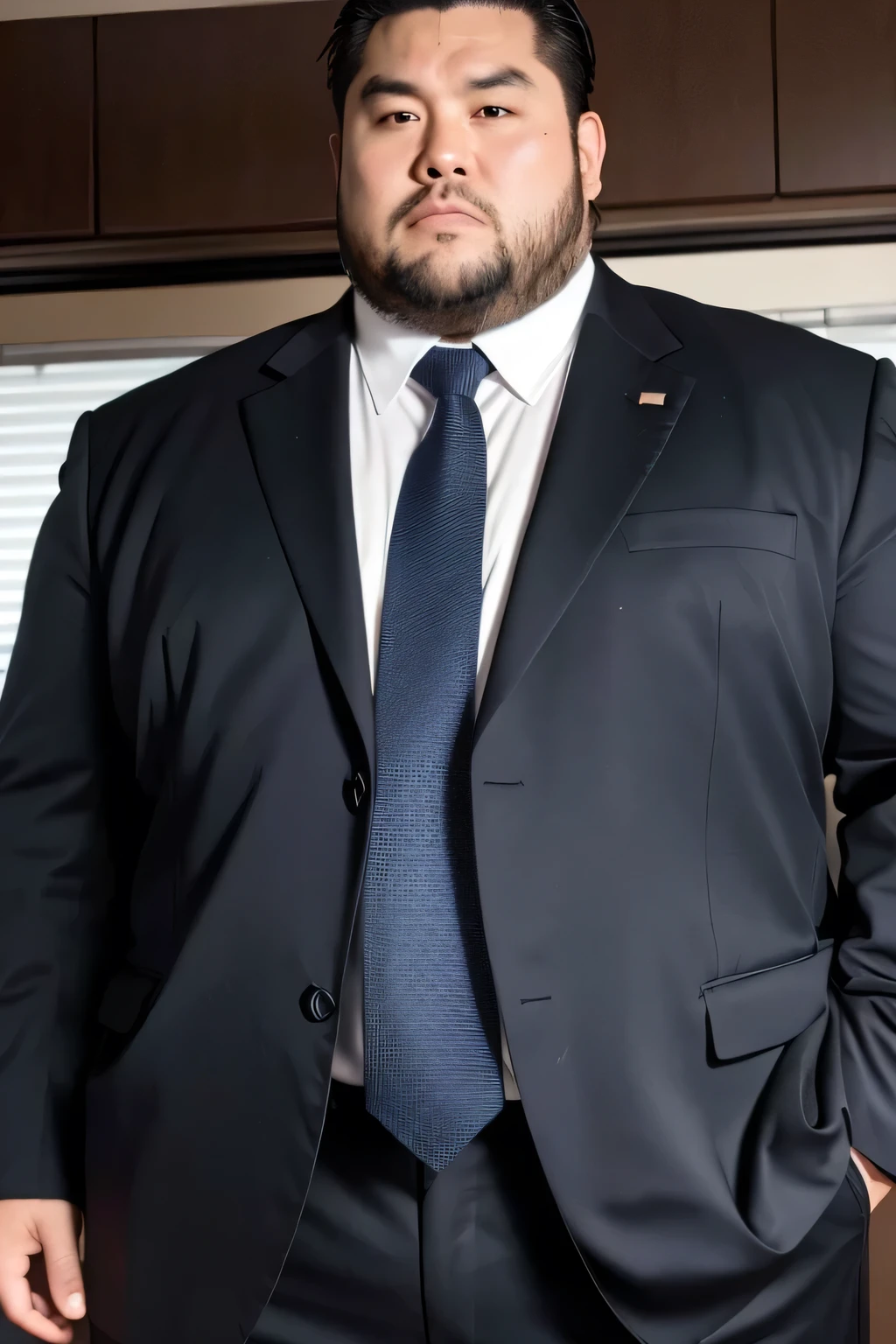 A large Japanese man wearing a black suit、Blue tie、whole body、office、Thick legs、Thick arm muscles、Intimidating、short hair、Detailed face、Frowning eyebrows、It&#39;s approaching、looking at the camera、Giant、Too big、A body size that doesn&#39;t look human、Clothes are tight、Only the beard is growing、smile、Raised crotch、Big belly