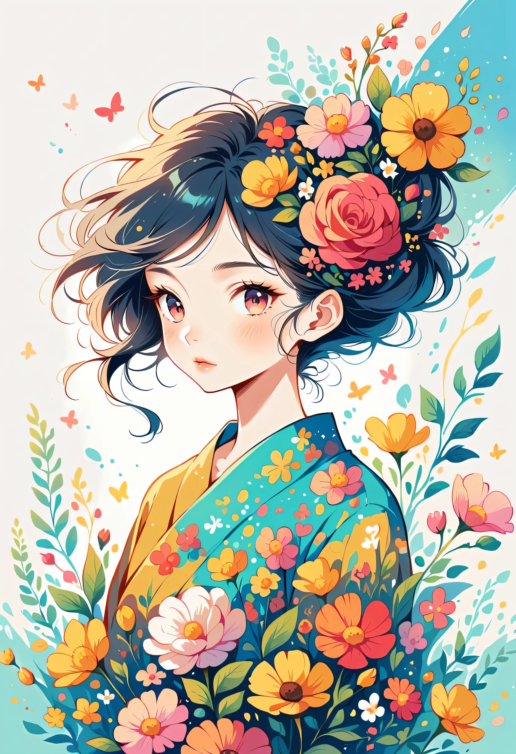 Watase Seizo style, Standing in front of a high wall,Simple Line Initialism,Abstract art,Urban Background, (((The most beautiful girl))), Lips in Love, colorful flowers