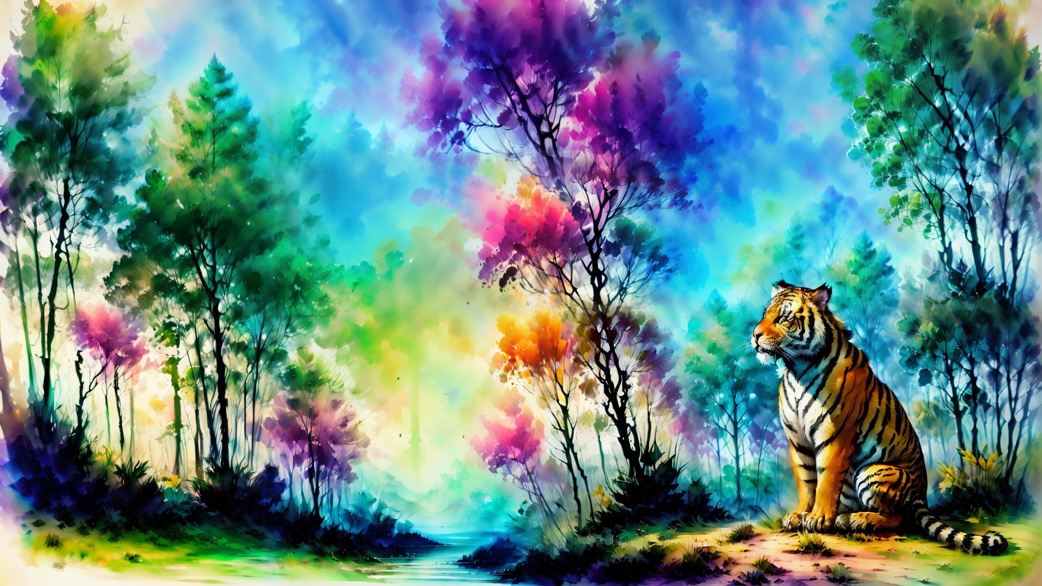 tiger sitting in the jungle looking at something, digital painting highly detailed, digital art animal photo, ((tiger)), colorful hd picure, looking majestic in forest, tiger, beautiful nature, highly detailed digital painting, photorealistic print of exotic, a tiger, sacred tiger, beautiful digital painting, stunning digital painting, harmony of nature, detailed beautiful animals