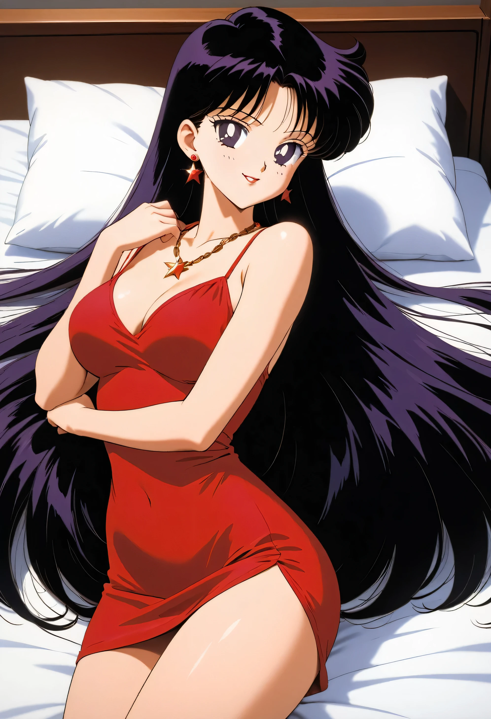 aamars, very long hair, black hair, parted bangs, purple eyes, 1990s \(style\), 1 girl, solo, Best quality, masterpiece, High Definition, taut dress, spaghetti strap, red dress, sleeveless, necklace, indoors, Lying in bed, smile, posing, Seductive