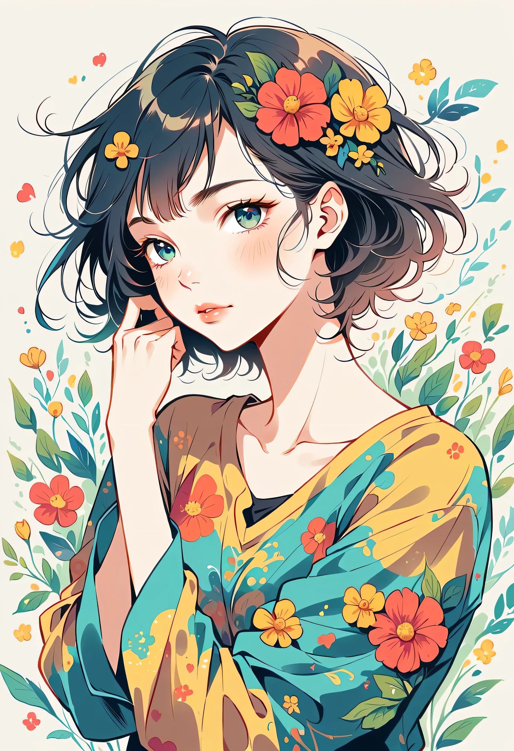 Watase Seizo style, Standing in front of a high wall,Simple Line Initialism,Abstract art,Urban Background, (((The most beautiful girl))), Lips in Love, colorful flowers