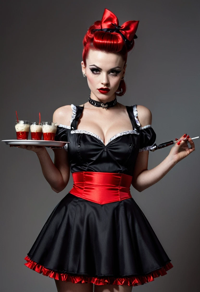 Full-body portrait in the style of Bettina Rheims, psychobilly fashion model with a towering stature and a charming presence, holding a drinks tray, confidence radiant in a complex black and red psychobilly maid outfit, headshot-winning aesthetics of the 35awards, high resolution, ultra clear, ultra realistic, dramatic lighting, ultra fine. octane render. 32k anatomically perfect, High Resolution, High Quality , Masterpiece