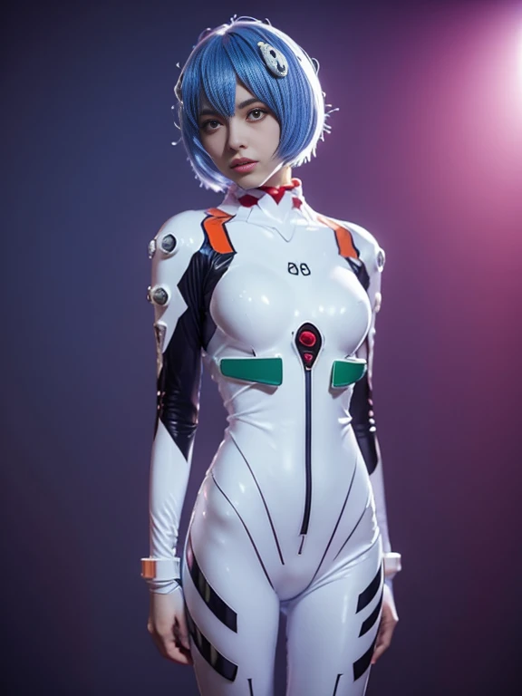Rei Ayanami, Close up portrait of a person in a white suit with blue hair, Concept art inspired by Rei Kamoi, Pixiv, Art Nouveau, Anime Cyborg, perfect Anime Cyborg woman, Female cyborg body, Neon Genesis Evangelion Style, Cyber Suit, Cyber Suit, Inspired by Evangelion Third Impact, Full body image, Slender body, Underarm, City light atmosphere