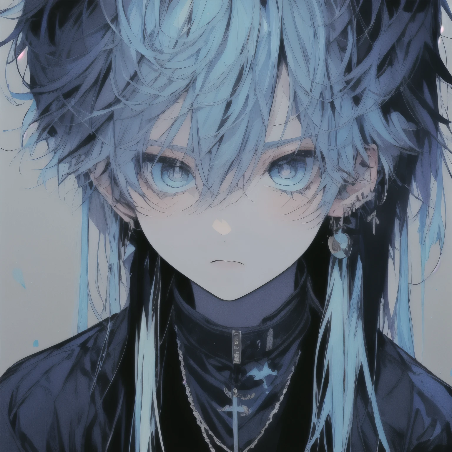 Boy with light blue hair、Grey eyes, light blue hair。man、Cool clothes
