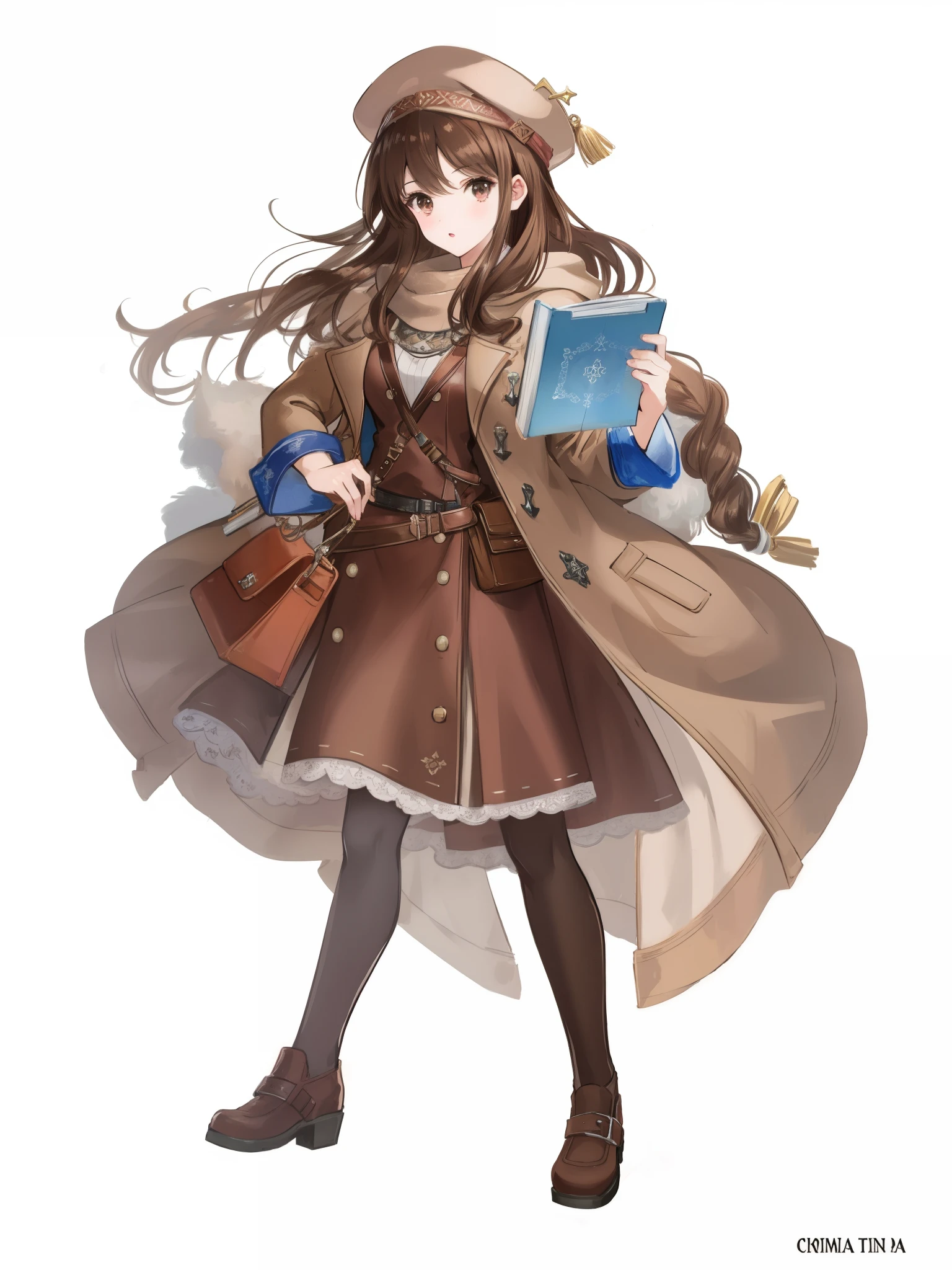 (brown hair swept bangs:1.3), a cartoon picture of a woman in a hat and coat holding a book, full body illustration, rpg portrait full body, fullbody rpg portrait, official character art, octopath traveller style, full body character, single character full body, ( ( character concept art ) ), full-body character portrait, anime full body illustration, character full body portrait, full body character portrait