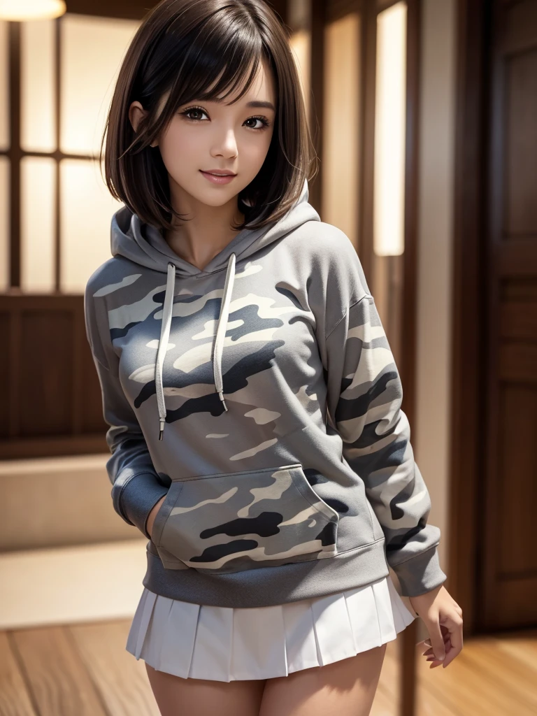 (8k, RAW Photos, highest quality, Tabletop:1.2), (Realistic, Photorealistic:1.4), (Highly detailed 8k wallpaper), Sharp focus, Depth of written boundary, Blur the background, Bokeh, Cinema Lighting, Soft Light, (whole body), 1 girl,18 years old famous Japanese idol, Perfect female body, indoor, (White and grey camouflage hoodie and black micro mini pleated skirt : 1.3), (Long, slender legs), (smile), Glossy lips, Beautiful fine details,Natural Makeup, Shiny and smooth light brown short bob hair, Asymmetrical bangs, Shiny skin, Center image, High resolution, Attention to detail, Detailed hairstyle, Detailed face, 素晴らしいCinema Lighting, Octane Rendering, Vibrant, Ultra-realistic, Perfect limbs, Perfect Anatomy