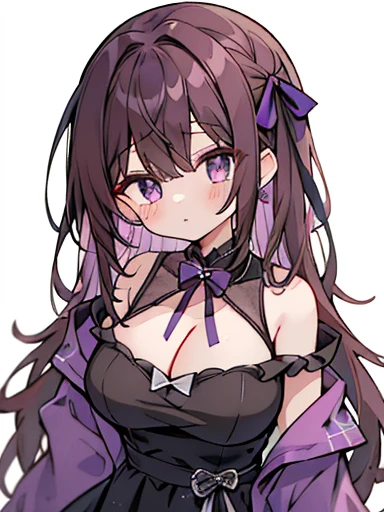 Absurd, High resolution, (Anime Style:1.1), ((Tabletop)), ((highest quality)), (Super detailed), (beautiful),beautiful face、(lift),length、アジイチGothタイル，Big eyes, Dense lines, Mixed Pattern，cute,1. Goth, Extending the pattern、Brown Hair、Purple inner color hair、cute Ribbon、purple one piece clothes、Purple eyes、Simple background、Background gray、(((((One Girl、Purple mining suit、cute dress、Off-the-shoulder dress、Big Breasts、A dress that shows cleavage)))))(体upon部、(((((One Girl )))))、((((upon、Youngest son))))、、{{{{{体upon部}}}}}{{{{{{{{{{体upon部}}}}}}}}}}{{{magic}}}, ({{{{{Simple background、Fluffy hair}}}}})Medium format film camera, Natural blurred background,