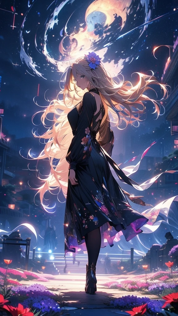 １people々々々々々々々々々々々,Blonde long-haired woman， Dress Silhouette， Rear View，Space Sky, Flower Field，Colorful flowers