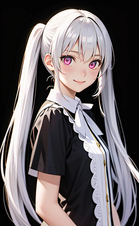 (Photorealistic:1.4)、asuna,(masterpiece、lens flare:1.5、spot light:1.2、Exquisite beautiful eyeonochrome:1.5,portlate、)、Cute Face、 3D Face、(pearl white hair:1.5、Straight Hair)、(twintails),(1 Girl)、(Red eyes:1.2)、(cowboy shot)、(fingersmile),()、 (Cute face:1.2),(small breasts),(),kind face,(white frilled shirt),(black background:1.5)、(glowing eyes:1.3)、()、 Neat and clean、Adorable、Slim Body(Tareme:1.5),Shiny Hair、(Glowing pink Skin)、Nijisketch,Manga,zydG
