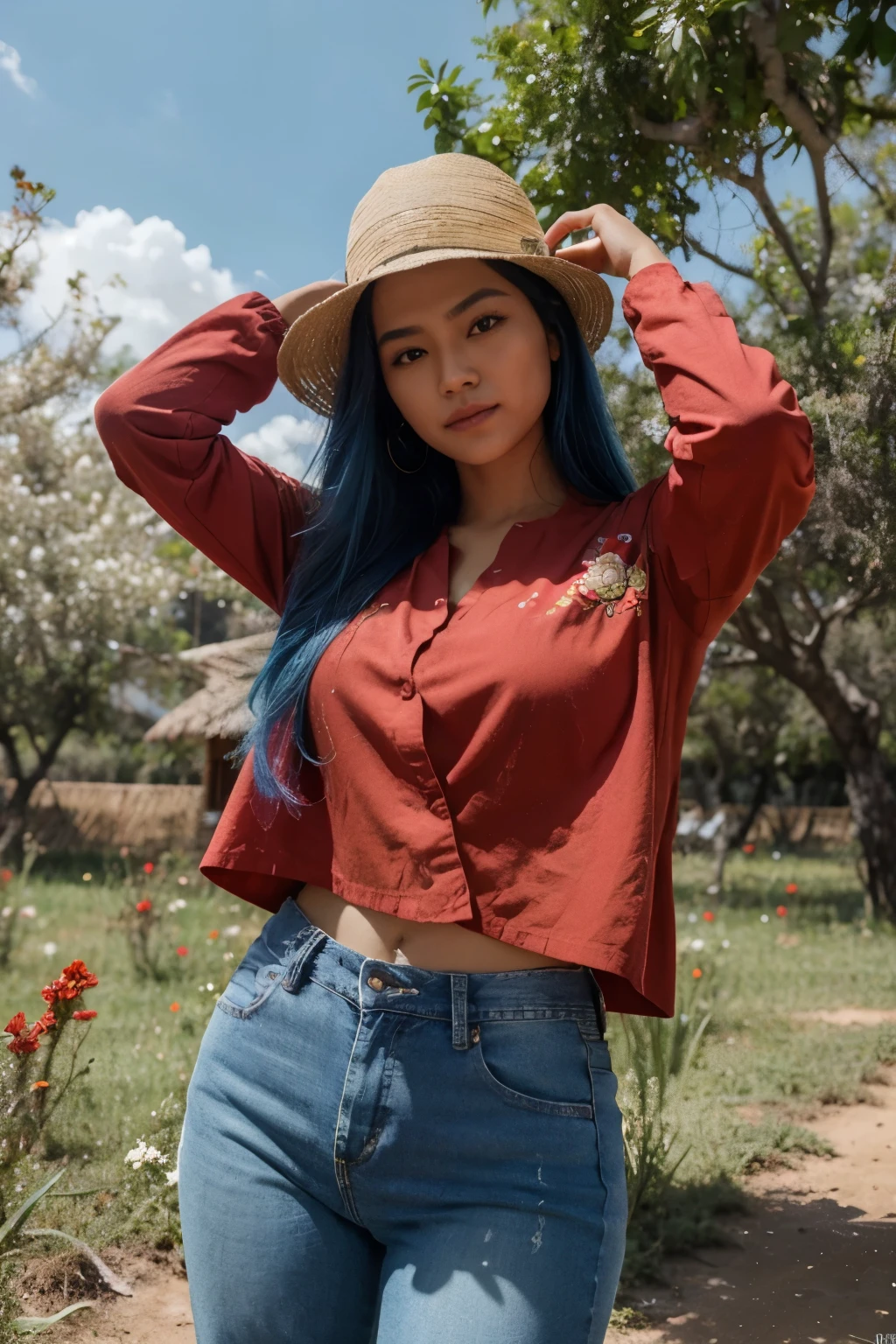 melhor qualidade de imagem, Obra de arte, Ultra High Resolution 8K, fotografia, Asian woman wearing old clothes, rasgado, jeans curtos., Veste uma camisa de manga curta com estampa xadrez vermelha e azul. Forte e bonito.;) Cabelo comprido sopra ao vento.,) Look directly into the camera carefully.,) Campo natural com antigas cabanas de palha,) There are red flowers all around. A luz do sol brilhou intensamente.,.. Clareza de imagem 8k, Taken with a high quality camera 45,000,000 pixels