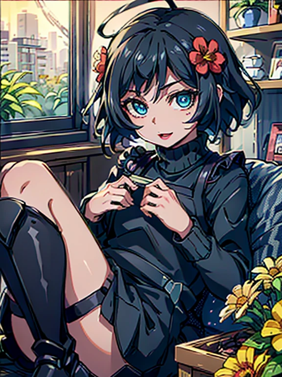 uiharukazari, uiharu kazari, (black eye:1.5), black hair, flower, hair flower, hair ornaments,open mouth smile,Flower wreath on head, short hair, Flower shop clerk,Flower shop,sweater,short denim bunts,black pantyhose,short boots,apron, break looking at viewer, break indoors, Flower shop, break (masterpiece:1.2), highest quality, High resolution, unity 8k wallpaper, (figure:0.8), (detailed and beautiful eyes:1.6), highly detailed face, perfect lighting, Very detailed CG, (perfect hands, perfect anatomy),