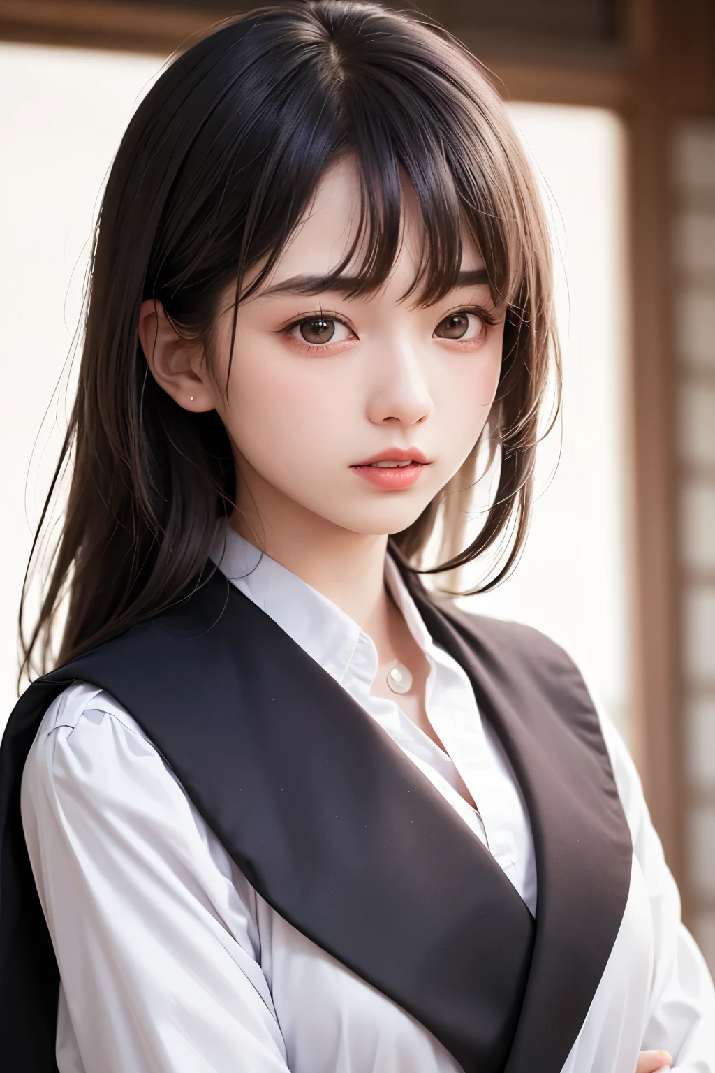(1 nogizaka girl,raw photo,photo realistic:1.5),(best quality, high quality,HDR, highest quality,ultra high resolution,high resolution,high res,ultra high difinition,huge file size,8K,2K wallpaper,8K wallpaper,high quality texture,amazing,an extremely delicate:1.4),one girl, Japanese famous idol,beautiful face,small face,absurd,ridiculous,incredibly ridiculous,portrait,breasts close up,blurry background,(school uniform,cleavage,no makeup:1.2),(six_heads tall),medium skin,beautiful skin,detailed skin,six heads tall,black hair,silky hair,(Japanese eyes:1.3),detailed eyes,black eyes,Japanese idol eyes,triangle eyes,Japanese nose,5-fingers,(Light Particles, Lens Flare, Luminous Particles: 0.7),looking at viewer,bright lighting,professional lighting,girl