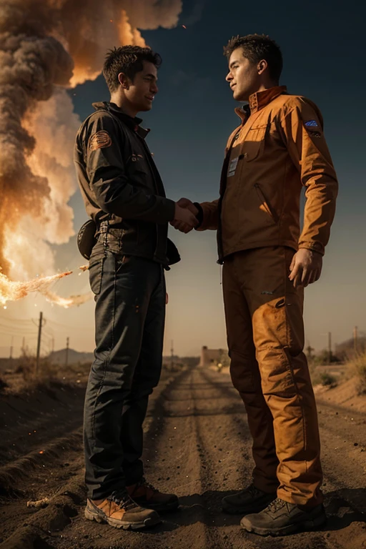 Two mens standing and shake hands to eachother in the background some dust and fire particles and orange clouds show foot also of both in their shoulders some fire,