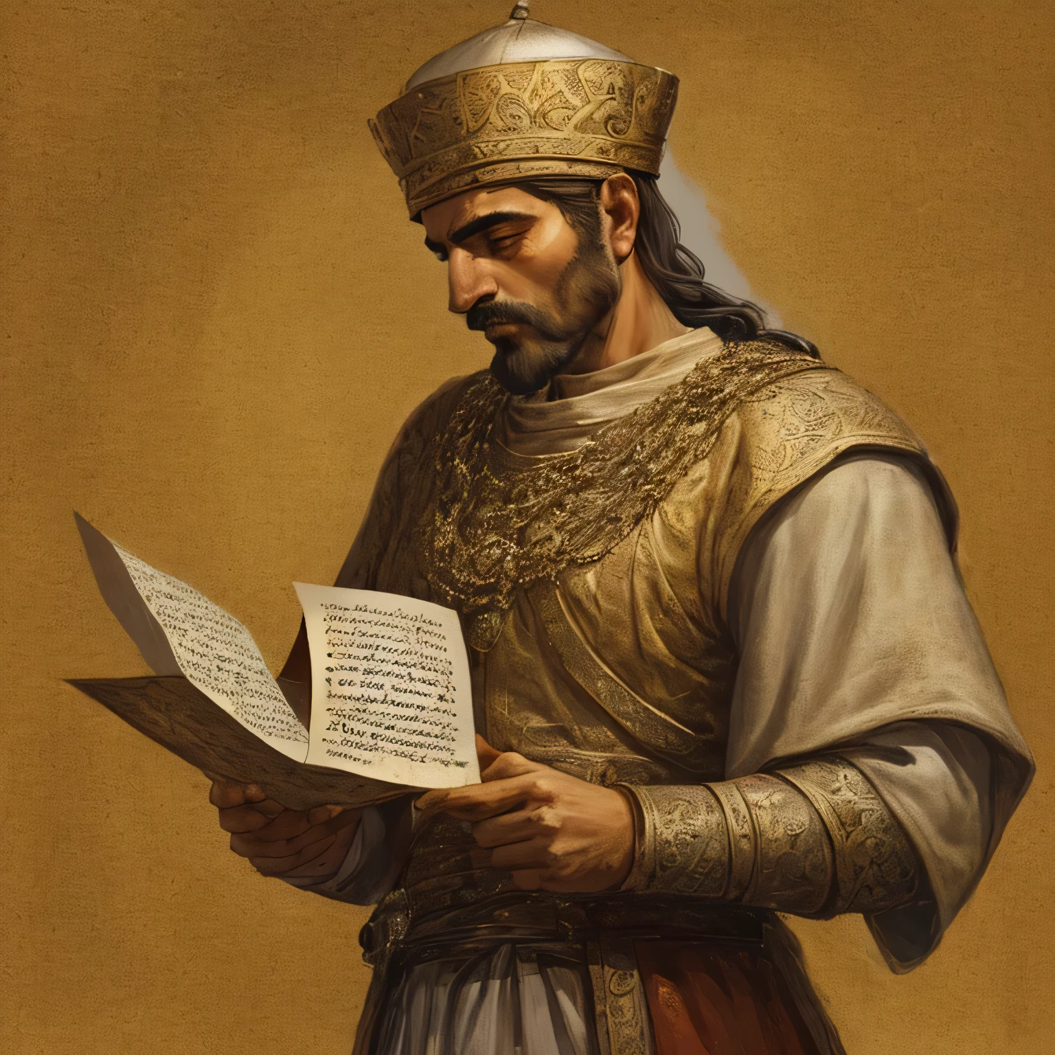 a court member of Persian king standing and reading a letter which he is holding in his hand , he is wearing a small round cap on his head, medieval period