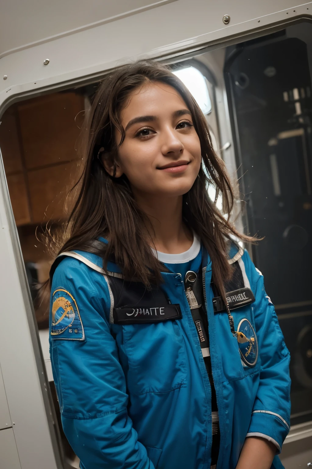 ((incomparable masterpiece, melhor qualidade, arte perfeita)), 1 garota, very messy hair, azul | cabelo prateado, Cabelo muito comprido, Sozinho, (space), ((spacecraft)), (spacesuit), Olhos vermelhos claros, sorriso, cabelo flutuante:1.2, boca aberta, (olhando para o espectador,) dentro de casa, Corado, bonitinho, 15 anos, shy, bright lighting, seios grandes