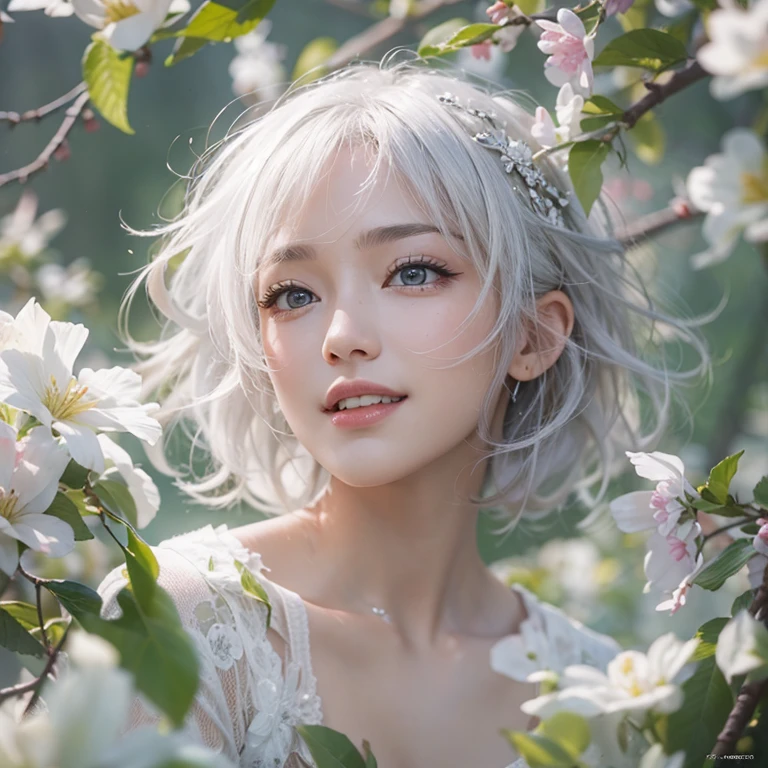 (masterpiece:1.3), (8k, Realistic, RAW Photos, Best image quality: 1.4), Fair-skinned fairy woman、short hair、Cleavage:2.0、Highly detailed face、Attention to detail、double eyelid、Sharp focus:1.2、Beautiful woman:1.4、Silvery white hair、highest quality、masterpiece、Ultra-high resolution、(Realistic:1.4)、Highly detailed and professionally lit smiles、Loose, Light,Japanese high 、 one person、whole body,　I eat breakfast 