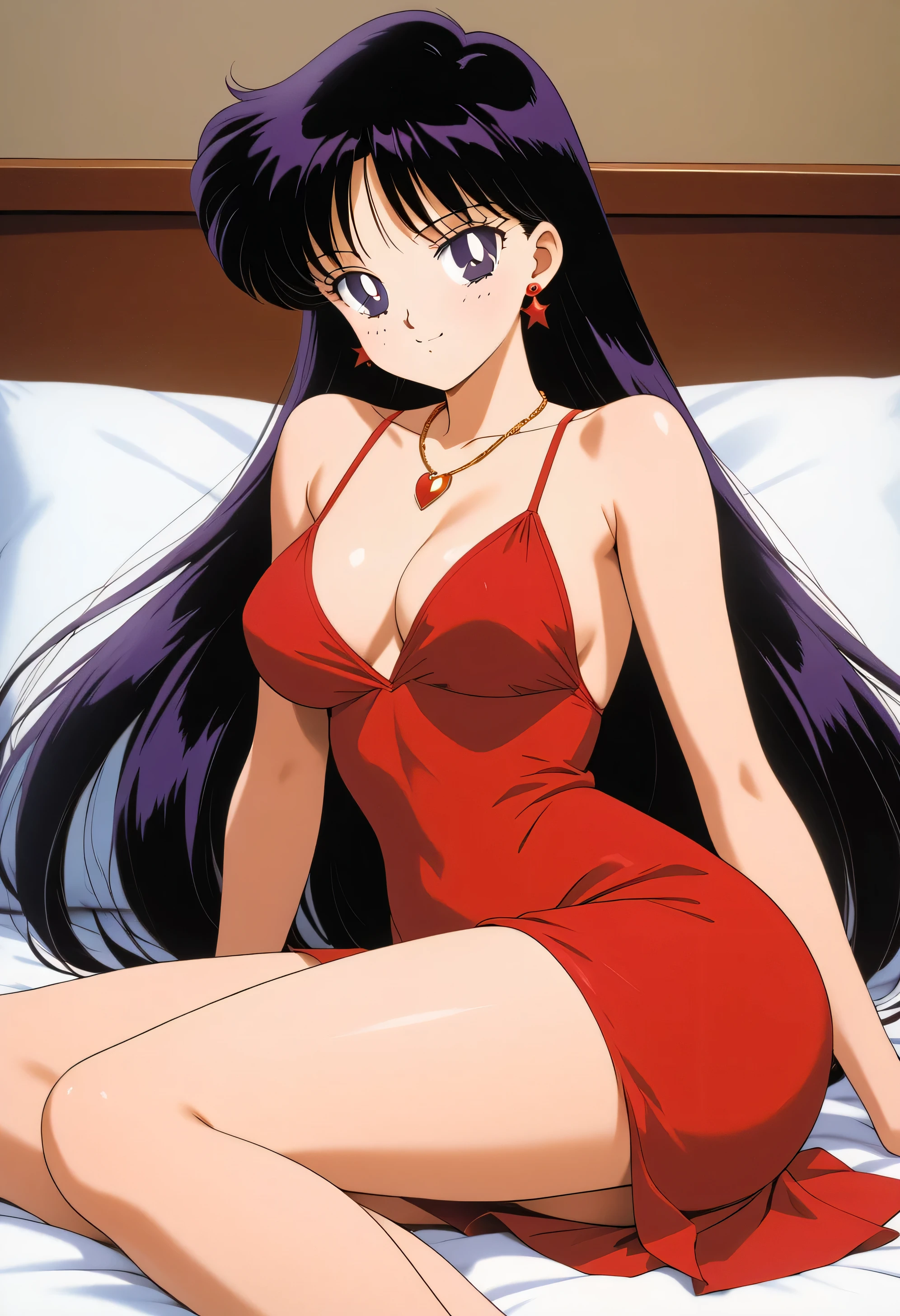 aamars, very long hair, black hair, parted bangs, purple eyes, 1990s \(style\), 1 girl, solo, Best quality, masterpiece, High Definition, taut dress, spaghetti strap, red dress, sleeveless, necklace, indoors, Lying in bed, smile, posing, Seductive