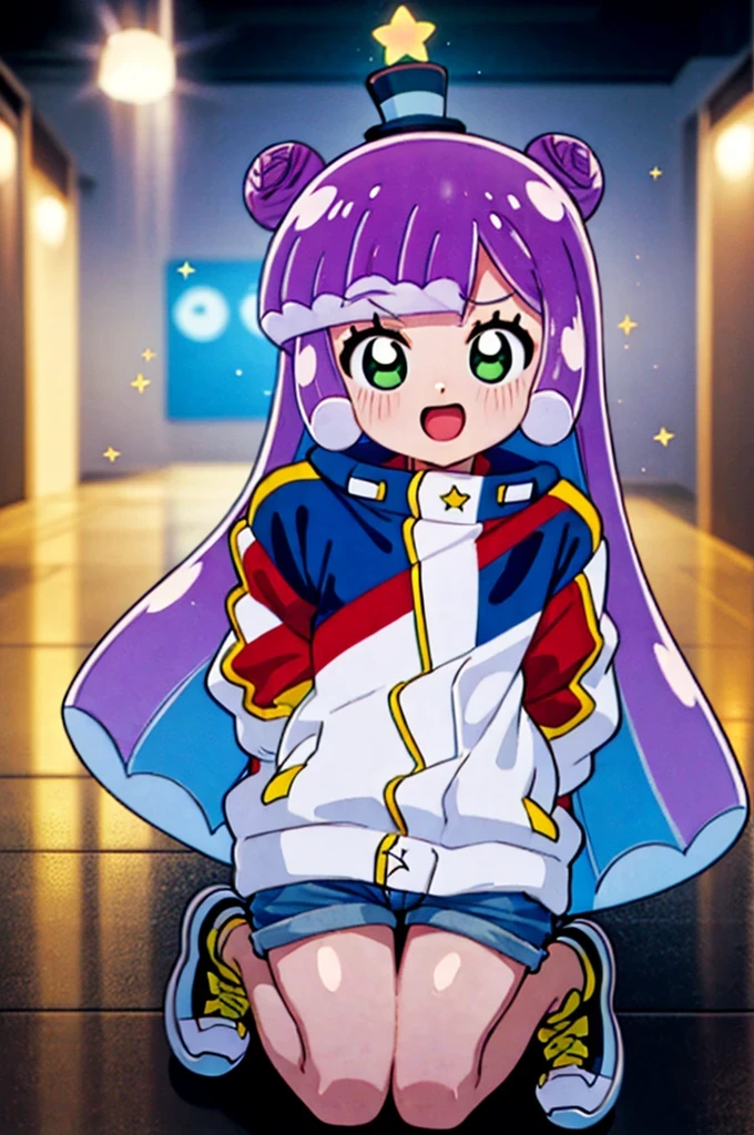 (masterpiece:1.3),(highest quality:1.4),(Very detailed:1.5),High resolution,Very delicate and beautiful,Official Art,Perfect Anatomy,Anime screenshots,Anime Coloring,8k,((alone:1.52)), 1990s \(style\),retro artstyle,(anmnr:1.1), ((puniru:1.52)),,,slime girl,light purple hair,long hair,grey gradient hair,multicolored hair,blunt bangs,double bun,blue hair,green eyes,star (symbol),mini top hat,jacket,shorts,sneakers,shoulder bag,puniru \(puniru wa kawaii slime\), puniru wa kawaii slime, gradient hair, bangs, green eyes,
(Shining Eyes),(Expressions of joy:1.51),Octane Rendering,Rainbow Paint Drops,Woman made of paint,Full Paint,(Movie Background),Splat,splash,Dark and blurry background,close,(Best writing, Very delicate and beautiful),Beautiful sparkle in every detail,(Soft Light:1.2),(Soft Money Tone Lighting),Warm and Soft Lighting,Dramatic Light,((Cinematic Light)),Ambient Occlusion,Zhou Xianguang,intense,Powerful,Absolutely eye-catching splashes of color,((caustic)),ray tracing reflection,The light shines,Waiting for happiness to begin,
