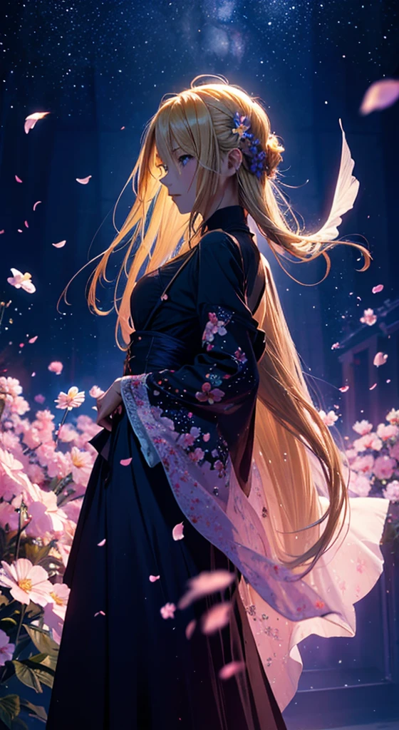 1people,Blonde long-haired woman,Dress Silhouette,Dancing silhouette,dance, Rear View,Space Sky, Flower Field,Colorful flowers,Fluttering petals,