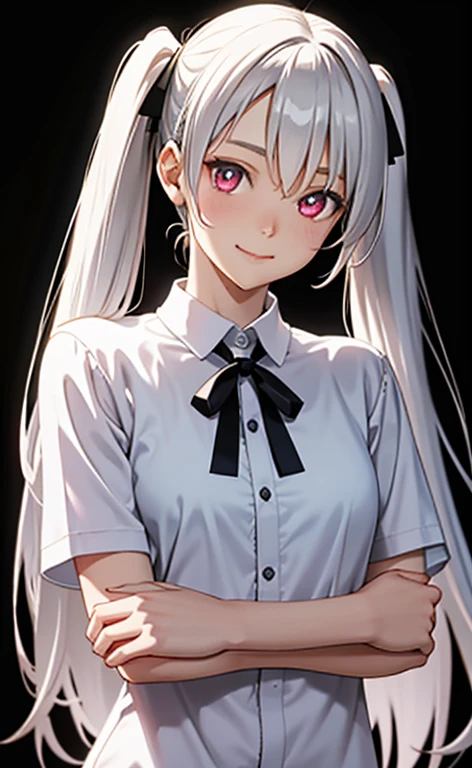 (Photorealistic:1.4)、asuna,(masterpiece、lens flare:1.5、spot light:1.2、Exquisite beautiful eyeonochrome:1.5,portlate、)、Cute Face、 3D Face、(pearl white hair:1.5、Straight Hair)、(twintails),(1 Girl)、(Red eyes:1.2)、(cowboy shot)、(fingersmile),()、 (Cute face:1.2),(small breasts),(),kind face,(white　frilled shirt),(black background:1.5)、(glowing eyes:1.3)、()、 Neat and clean、Adorable、Slim Body(Tareme:1.5),Shiny Hair、(Glowing pink Skin)、Nijisketch,Manga,zydG