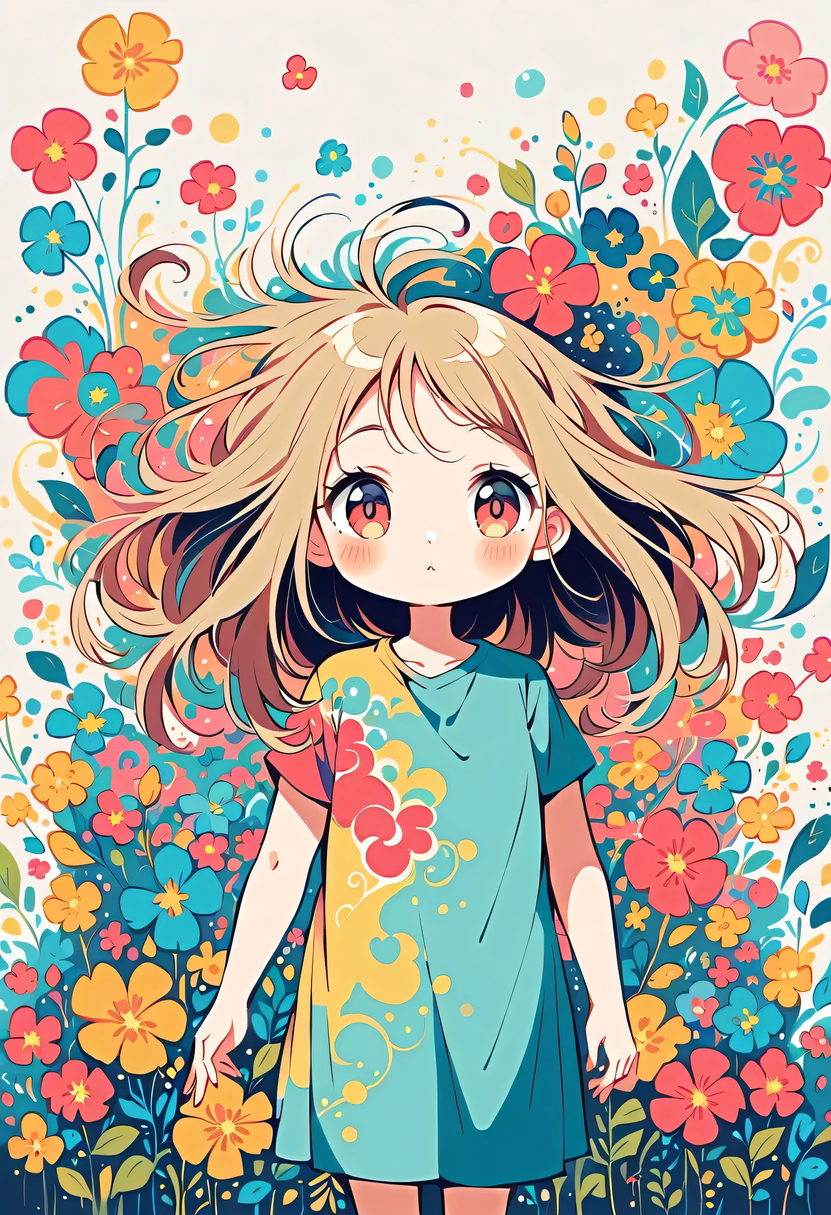 Momoko Sakura style, Standing in front of a high wall,Simple Line Initialism,Abstract art,((Urban Background)), (((The most beautiful girl))), colorful flowers