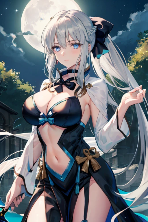 Masterpiece, Best Quality,a 1girl, Breast, morgan le fay (fate), solo, blue eyes, Long Hair, pony tail, bow, braid, weapons, cleavage, Very long hair, big boob, black bow, looking at viewer, gown, Hair Bow, thights, thights, black dress, Bangs, side locks, French braid, pelvic curtain, grey hair, a moon