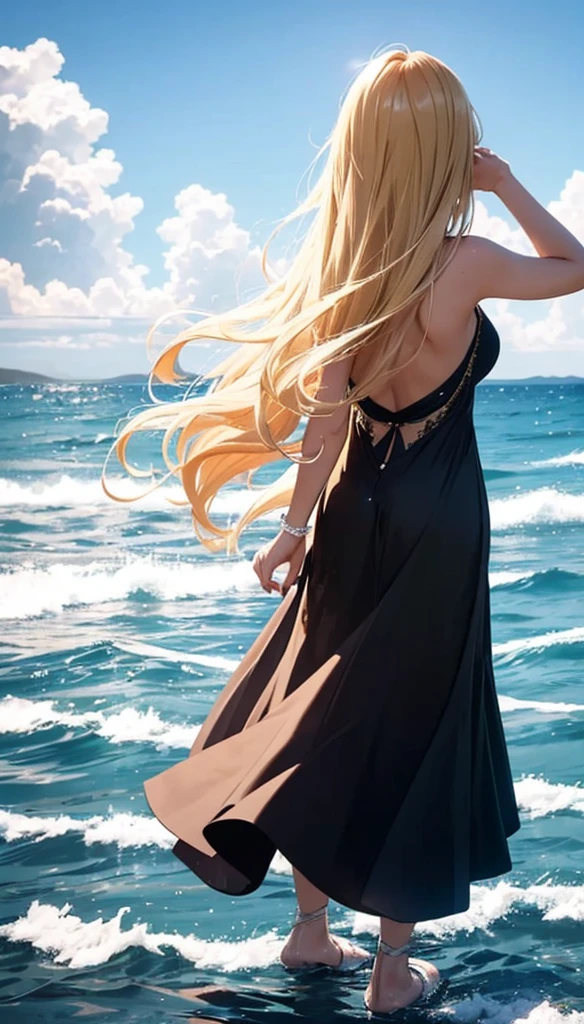1people々,Blonde long-haired woman,Dress Silhouette,Diva,Dancing silhouette,dance, Rear View,Seaside,water'Edge,Beach,Midnight,Starry Sky,