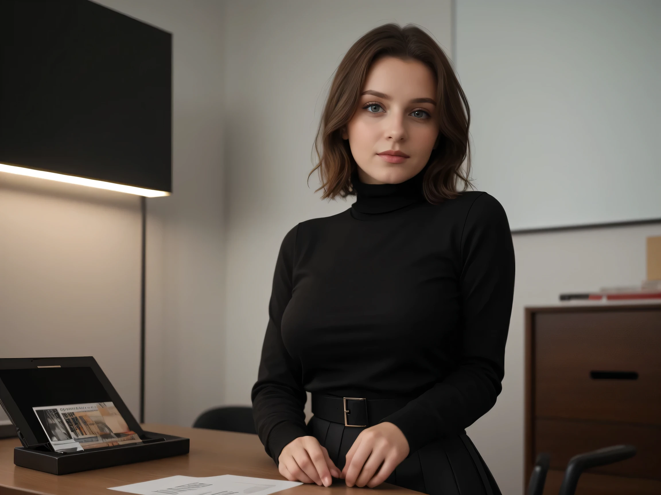 (((high definition))) beautiful 10 year old Bosnian girl, green eyes, red lipstick, facing the viewer, short dark brown hair, sitting at her desk, dressed in short skirt, business attire, huge breasts, black turtleneck t-shirt, black shoes