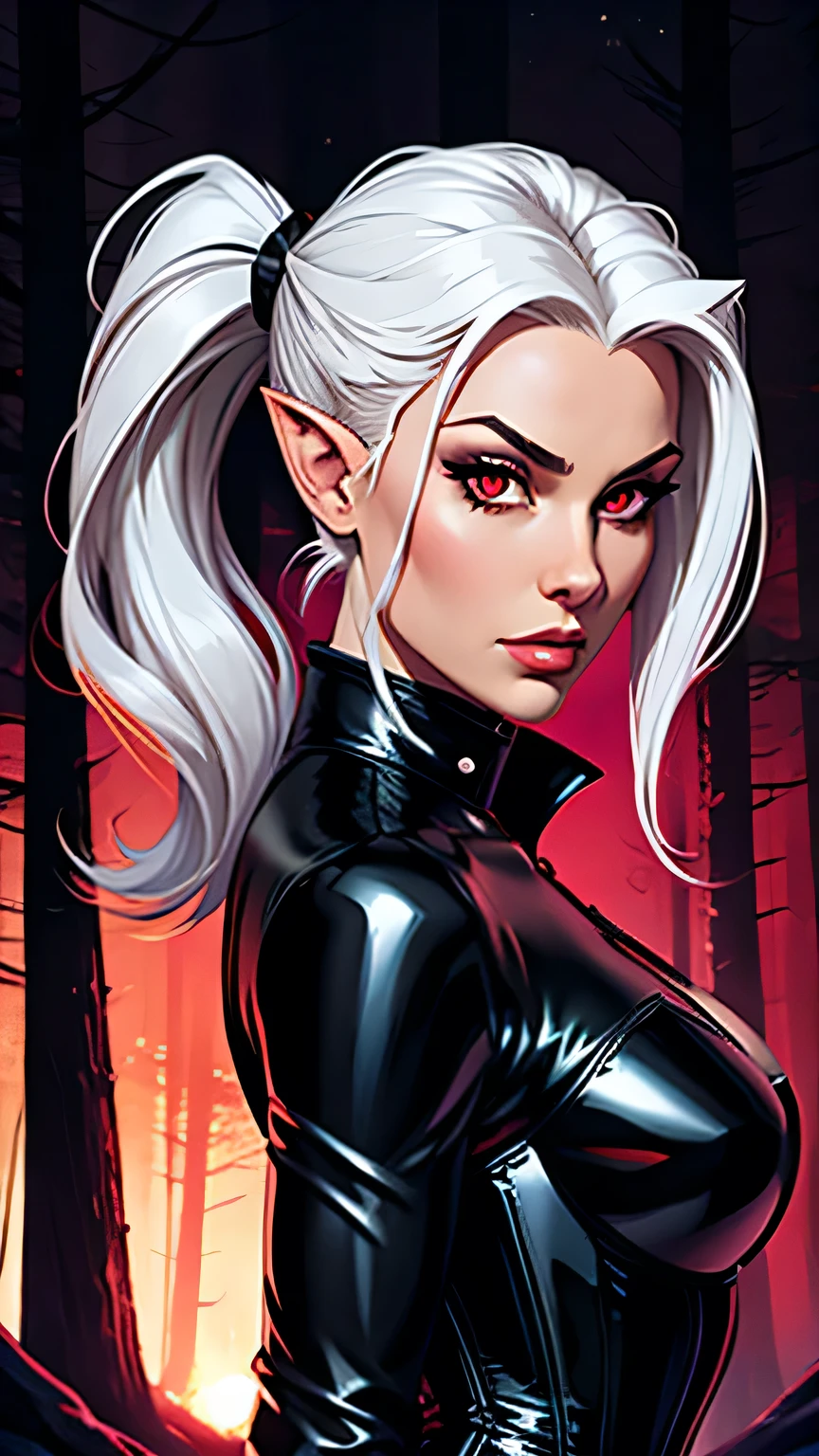 Portrait of a beautiful girl, dumper, White hair, ponytail hairstyle, Red eyes, predatory look, pointy ears, tight all black leather jumpsuit armor with spikes, with leather straps, corset against the background of the night forest