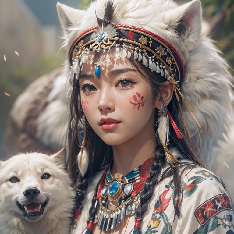 Shirakami-Sanchi、Hair flow、 ((highest quality、masterpiece、8k、Best image quality、Ultra-high resolution、Award-winning works)、(Accurate anatomy:1.1)、(Look at me and smile:1.1)、Shining fair skin with Ultra-high resolution、The most detailed face、Ultra-high resolution detailed face、Ultra-high resolutionの髪の毛、(Ultra-high resolutionの煌めく瞳:1.1)、Beautiful face drawn in every detail、(Blurred Background:1.1)、Native American white costume, American Indian Clothing, Chest to chest, tattoo、A real giant condor next to you。Observing a white wolf