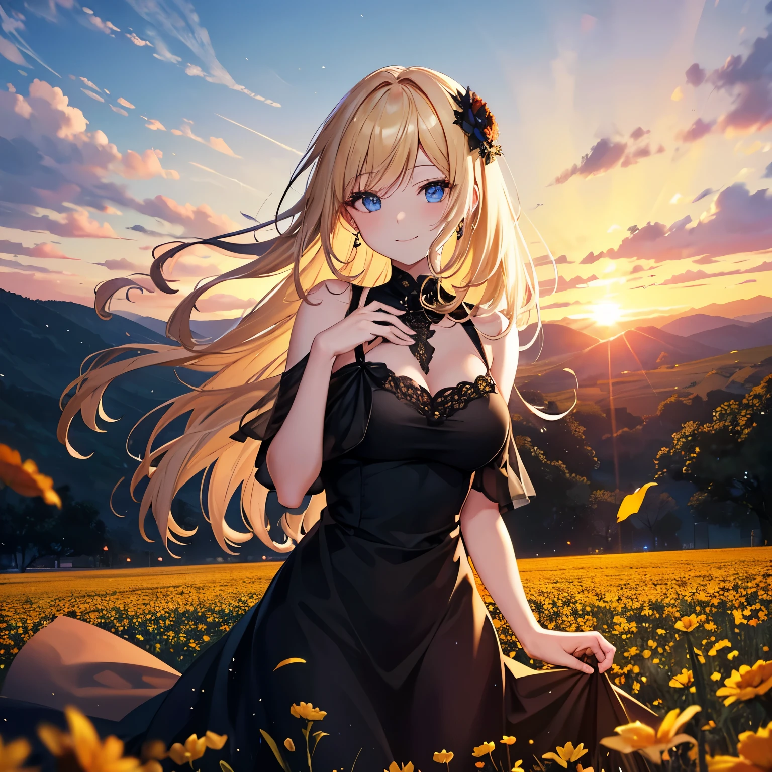 A woman, beautiful black dress, sunset, shoulders, outside, flower field, smile, blond hair, blue eyes.