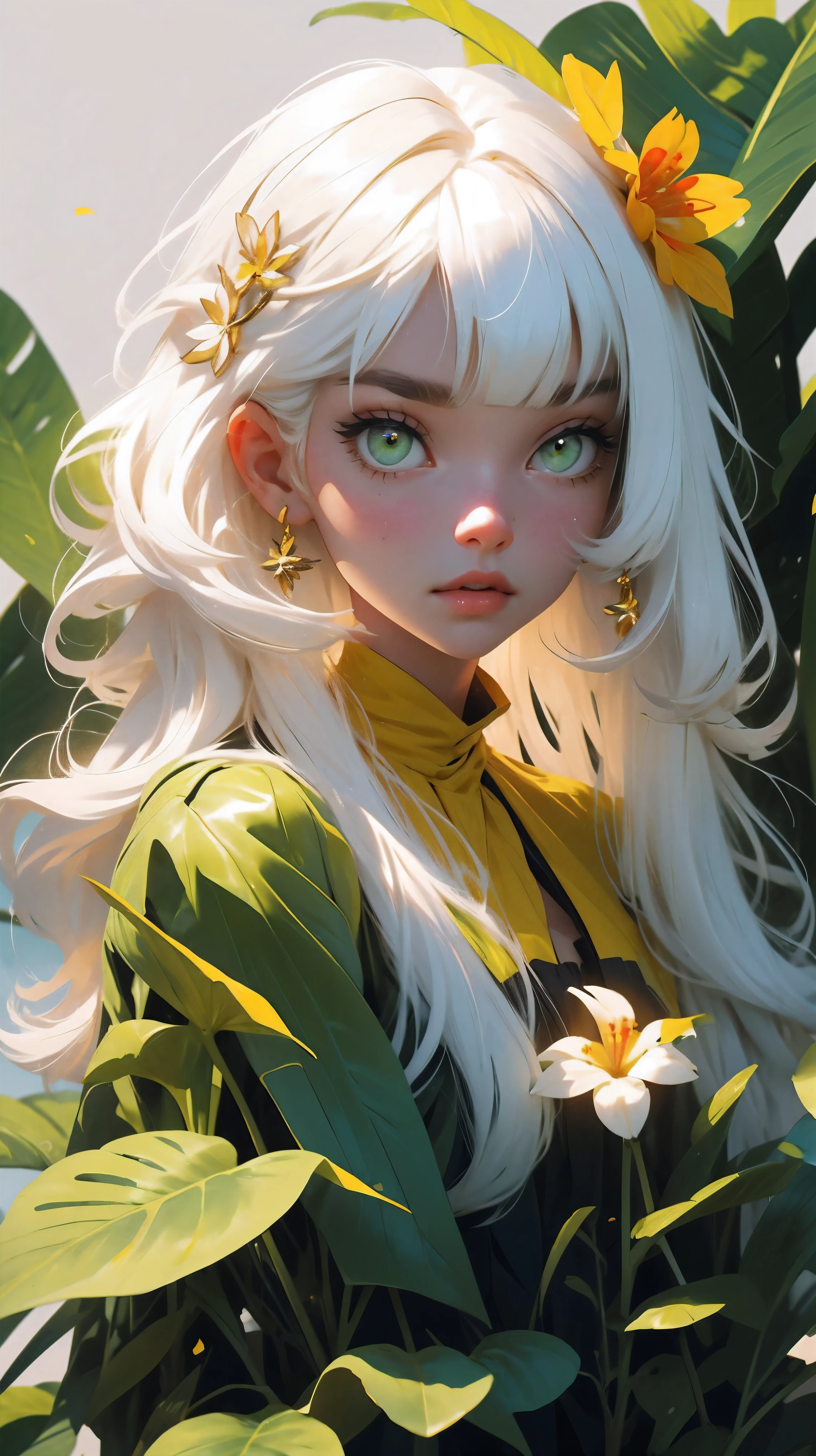 YXYcolor,1girl, only, (long hair) white hair, Flower, hair ornament, hair flower, long curly hair, upper body, bangs, Looking at the viewer, Simple background, leaf, Bob Cut, Plant, shirt, yellow shirt, blunt bangs, red flower, red lips, green eyes, tropical leaves on the background