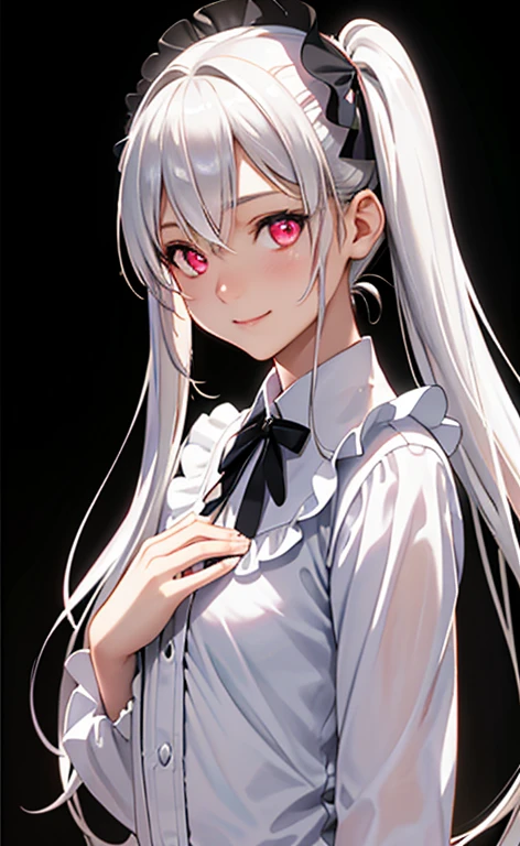 (Photorealistic:1.4)、asuna,(masterpiece、lens flare:1.5、spot light:1.2、Exquisite beautiful eyeonochrome:1.5,portlate、)、Cute Face、 3D Face、(pearl white hair:1.5、Straight Hair)、(twintails),(1 Girl)、(Red eyes:1.2)、(cowboy shot)、(fingersmile),()、 (Cute face:1.2),(small breasts),(),kind face,(white lace frilled shirt),(black background:1.5)、(glowing eyes:1.3)、()、 Neat and clean、Adorable、Slim Body(Tareme:1.5),Shiny Hair、(Glowing pink Skin)、Nijisketch,Manga,zydG