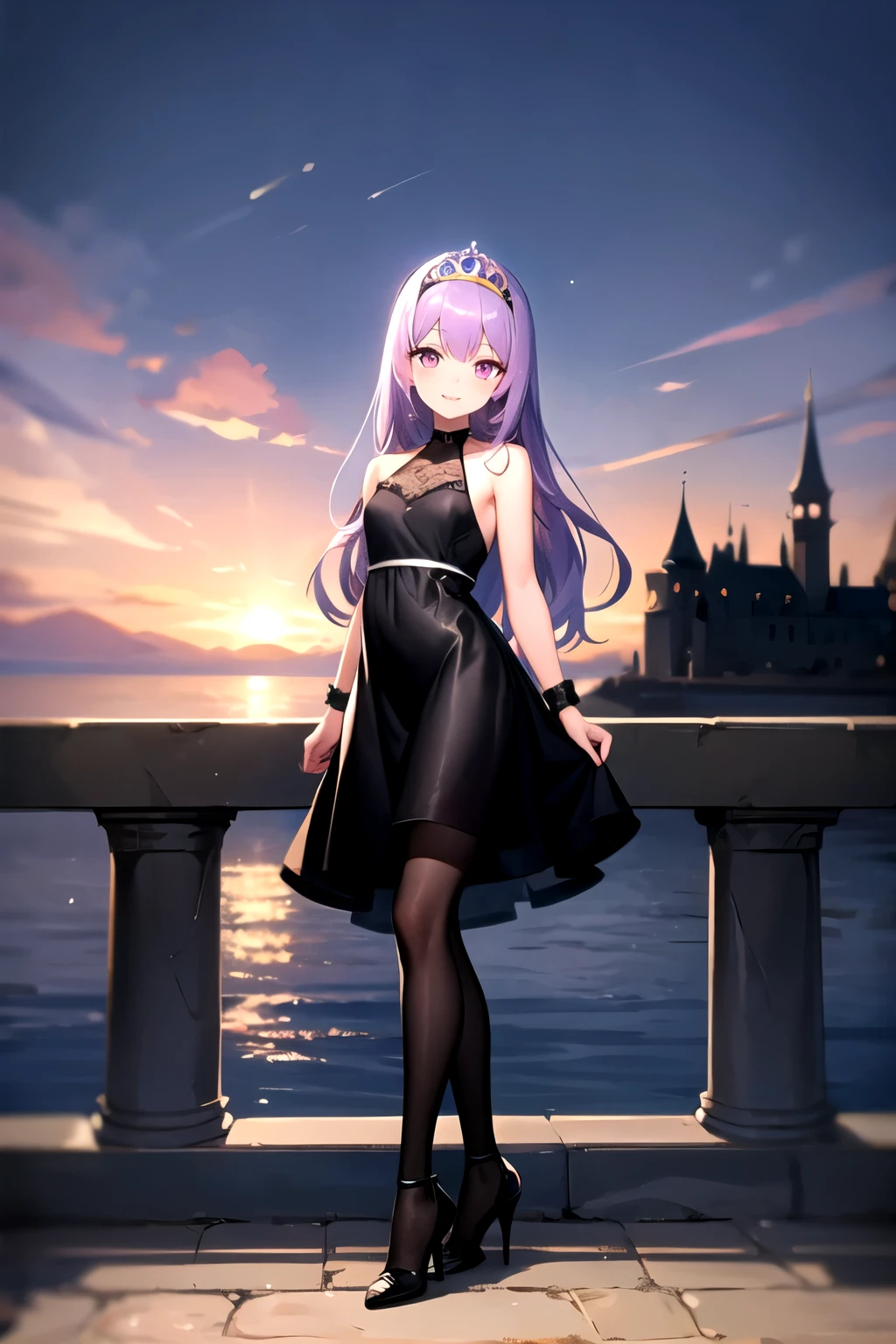 1girl, long hair, purple hair, pink eyes, small tiara, short dress:1.6, black dress, sleeveless dress, halter-cut dress, black pantyhose:2.8, high heels, black heels:1.2, perfect face, full body:1.8, simple scenery, castle scenery, long eyelashes, cute smile, looking at viewer, black bracelets:1.6