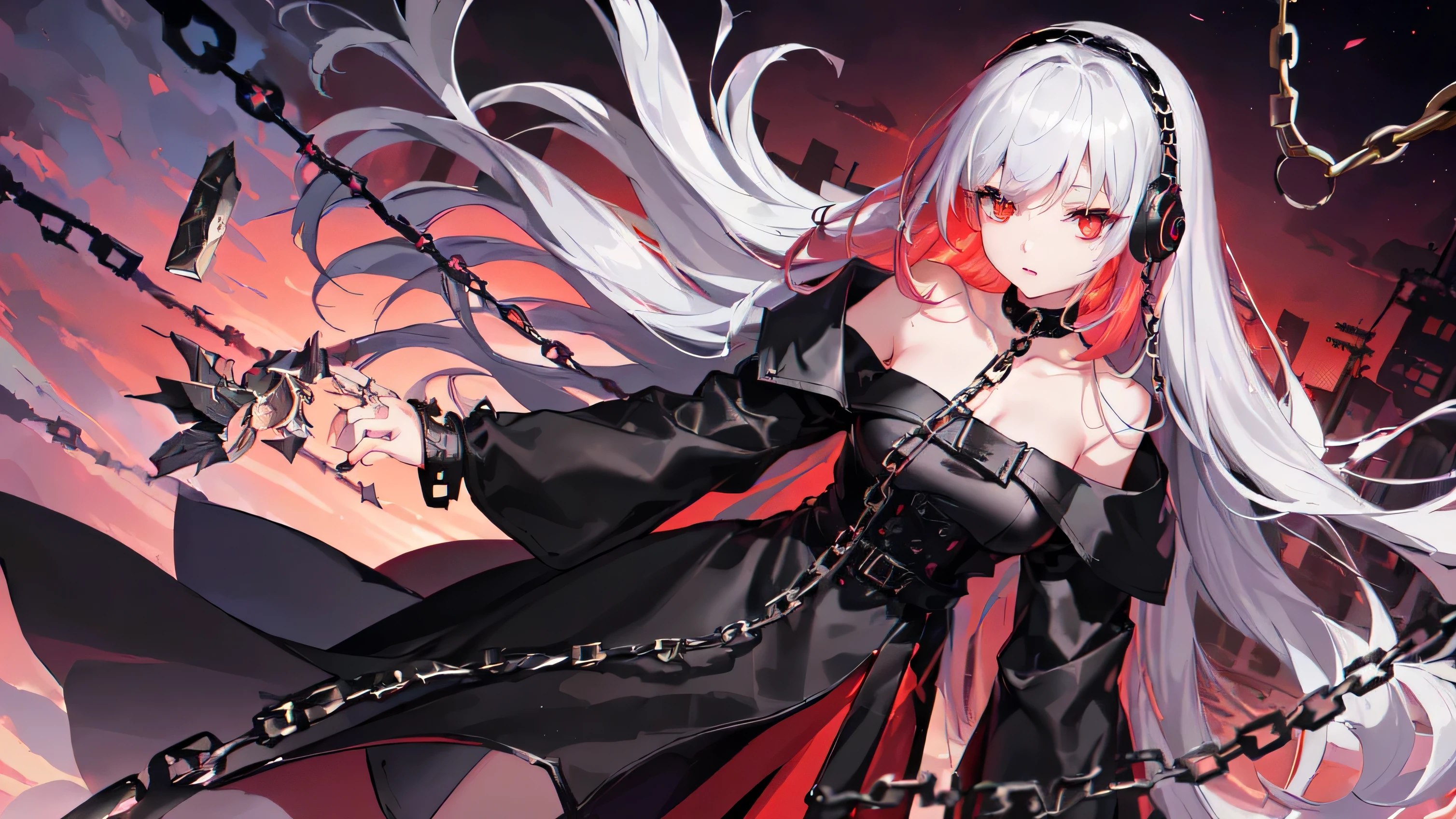 最high quality、Best image quality、masterpiece、beautiful girl((Dark clothing、Dark Skirt、Wearing a coat:1.2、Off the shoulder、 Best Bust、Silver Hair Short、headphone、Slender、Dark Aura、Chain Accessories、Black wings、Wearing a coat:1.2、Off the shoulder))(Close ~ eyes)high quality、Beautiful art、background((Dark impression、Night City,Red Sky、many chains、))Tabletop、Exquisite design、Visual Arts、Dark Art(High Angle)