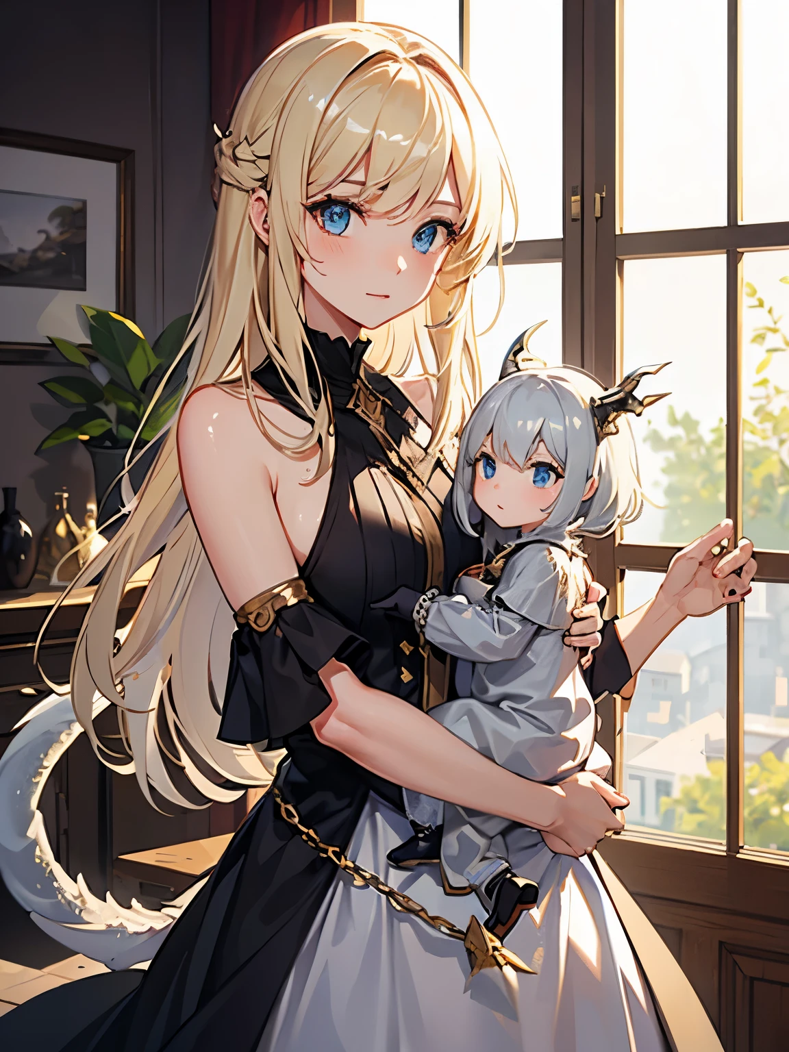One Blonde girl with two small silver dragons on her shoulder