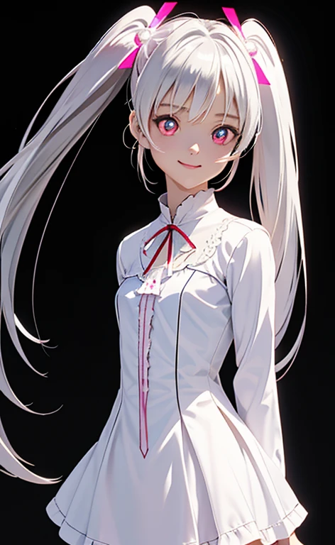 (Photorealistic:1.4)、asuna,(masterpiece、lens flare:1.5、spot light:1.2、Exquisite beautiful eyeonochrome:1.5,portlate、)、Cute Face、 3D Face、(pearl white hair:1.5、Straight Hair)、(twintails),(1 Girl)、(Red eyes:1.2)、(cowboy shot)、(fingersmile),()、 (Cute face:1.2),(small breasts),(),kind face,(white lace frilled shirt),(black background:1.5)、(glowing eyes:1.3)、()、 Neat and clean、Adorable、Slim Body(Tareme:1.5),Shiny Hair、(Glowing pink Skin)、Nijisketch,Manga,zydG