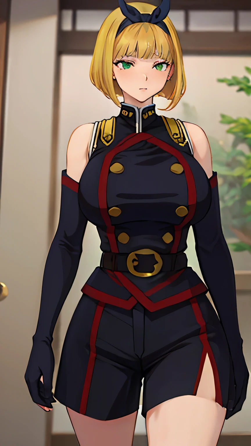 (masterpiece, highest quality, Intricate details,4K, 8k, 32k, Ultra HD、so beautiful)、alone、, Show Viewer,mashuu,mashuustyle,Detailed Background、A person who writes in detail、Accurate human body、Knowledgeable person、The correct five、Mature Woman,Big Breasts, Thick thighs,cruvy body,giant woman,ShushuSuruga, bob cut, black hairband,(( military uniform)), bare shoulders, elbow gloves, belt, ((dolphin shorts)), knee boots,((Blonde Hair)),in town,((pussy juice))