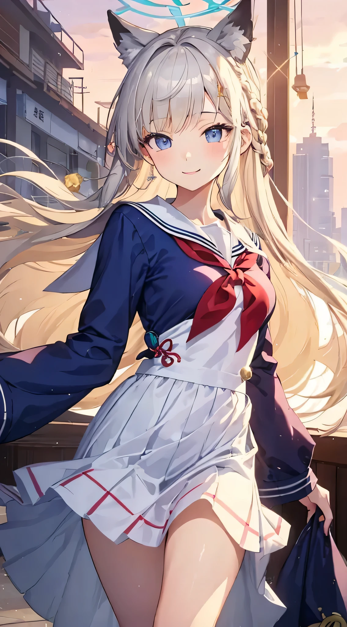 (highest quality, masterpiece),(One girl), Beautiful face with attention to detail, Long Hair, French Braid, Long Hair、Straight Hair、Fluttering in the wind、smile、Beautiful, detailed eyes, Sparkling eyes,Drooping eyes、Cute face、(Medium sized breasts、Slender body)、((serafuku、Sailor suit,zoom))