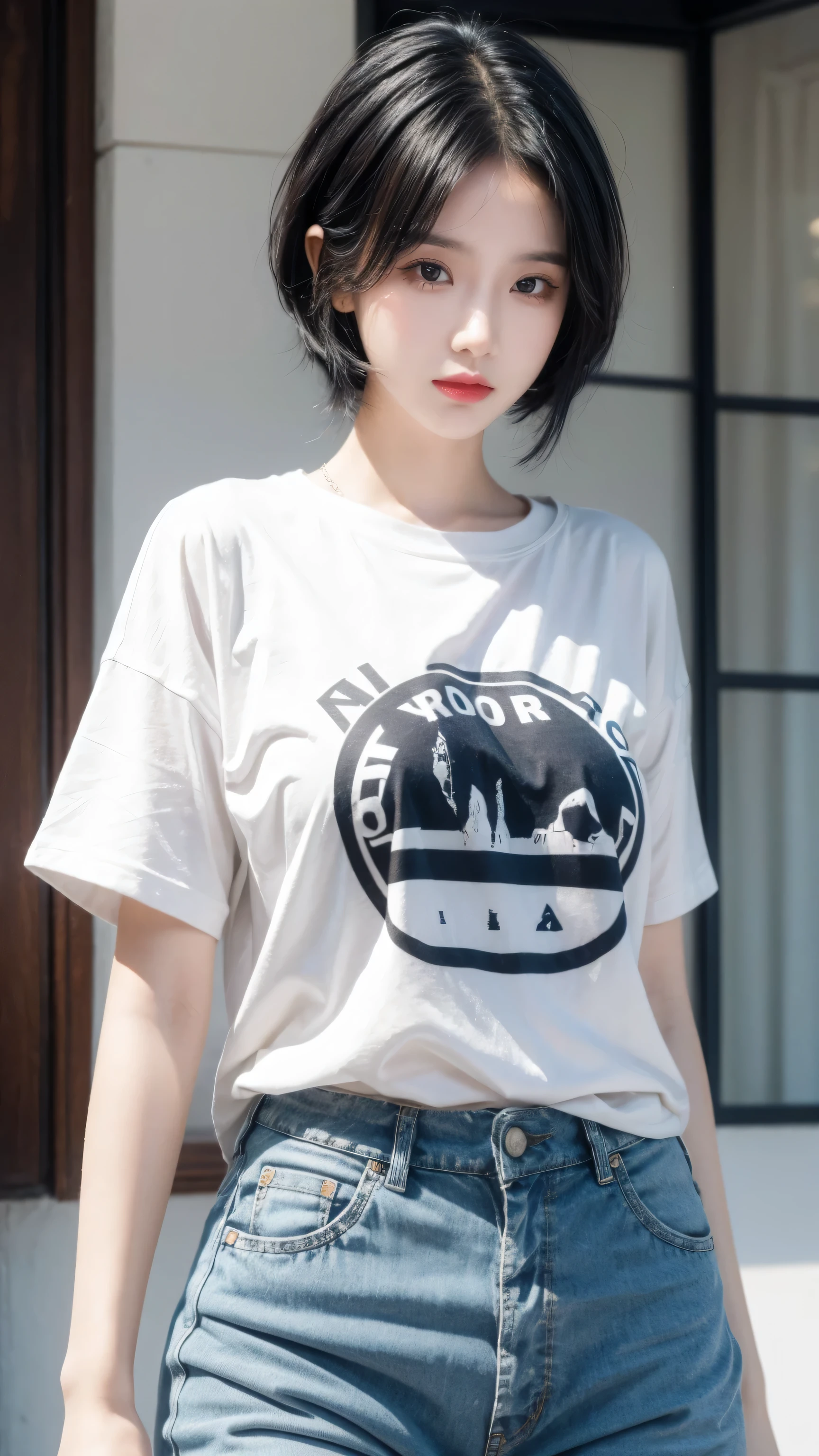 best quality, 1 Girl, dark blue hair, black eyes, Very short hair, Spiky hair, oversize t-shirt, High waist short jeans, 171 cm, Messy hair, Hair between the eyes, Medium breasts, full, Tomboy, aldult, 20 years old, 1 Girl